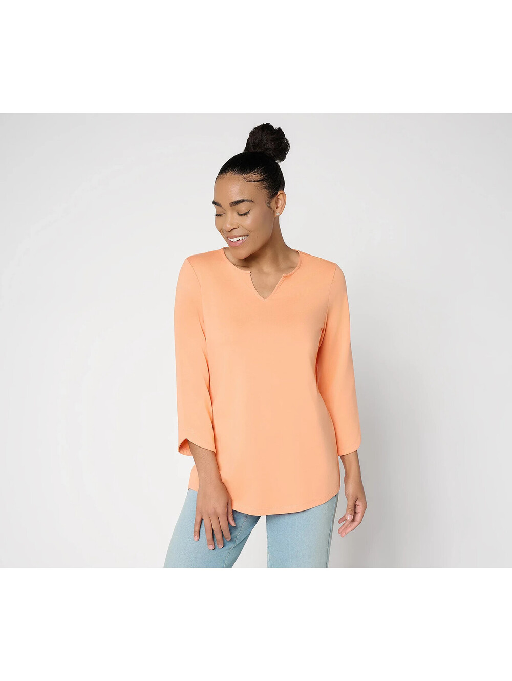 Denim & Co. Essentials Favorite Jersey Split Neck Top Spring Melon, Size X-Small